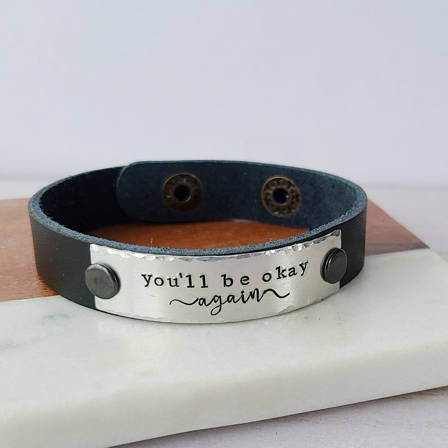 You'll Be Okay Again - Black Leather Cuff Bracelet