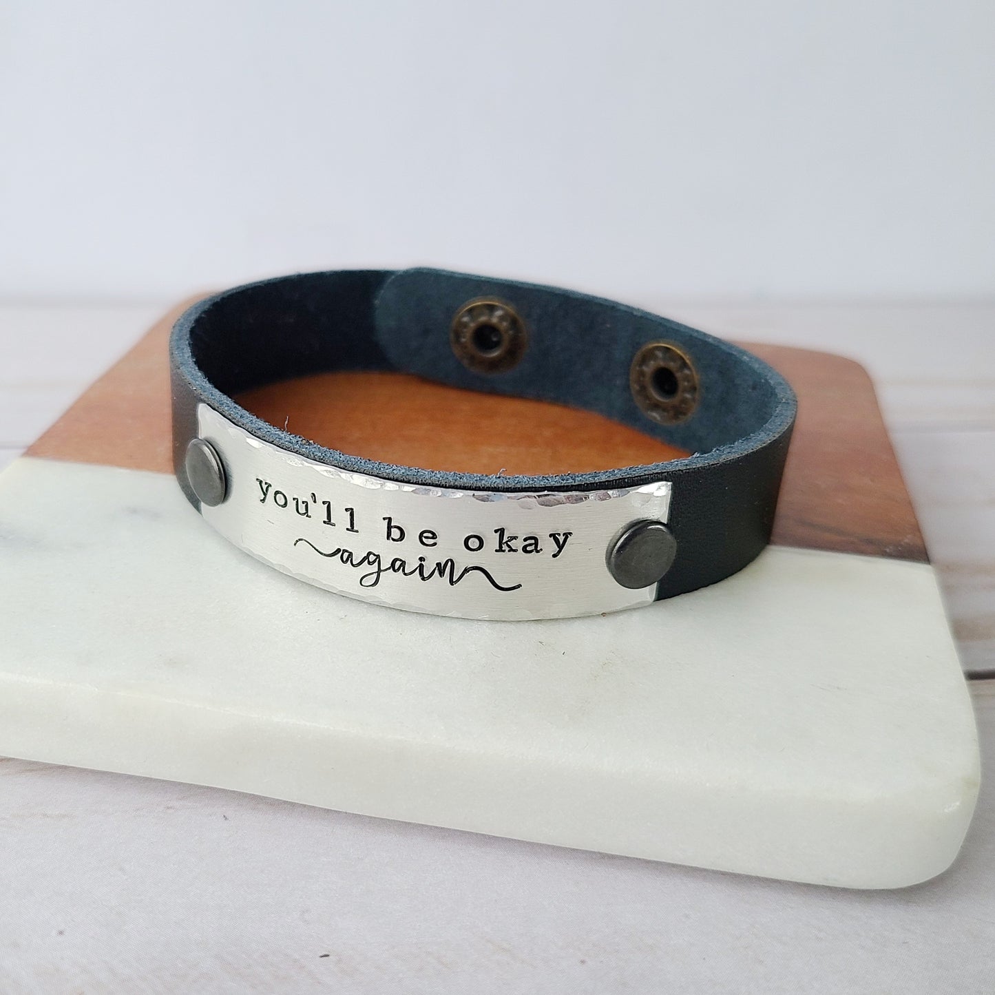 You'll Be Okay Again - Black Leather Cuff Bracelet