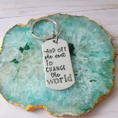 And Off She Went To Change The World Keychain Personalized Graduation Gifts 2024, Graduation Gift for Her, High School Graduation, College Graduate