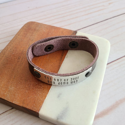 Get Out Of Your Own Damn Way - Brown Leather Cuff Bracelet