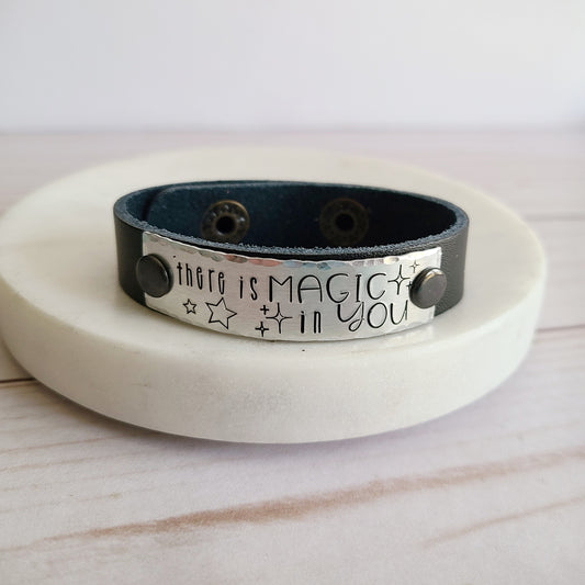 There Is Magic In You - Black Leather Cuff Bracelet