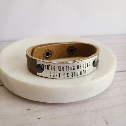 You're Worthy of Love Just As You Are - Bronze Metallic Leather Cuff Bracelet