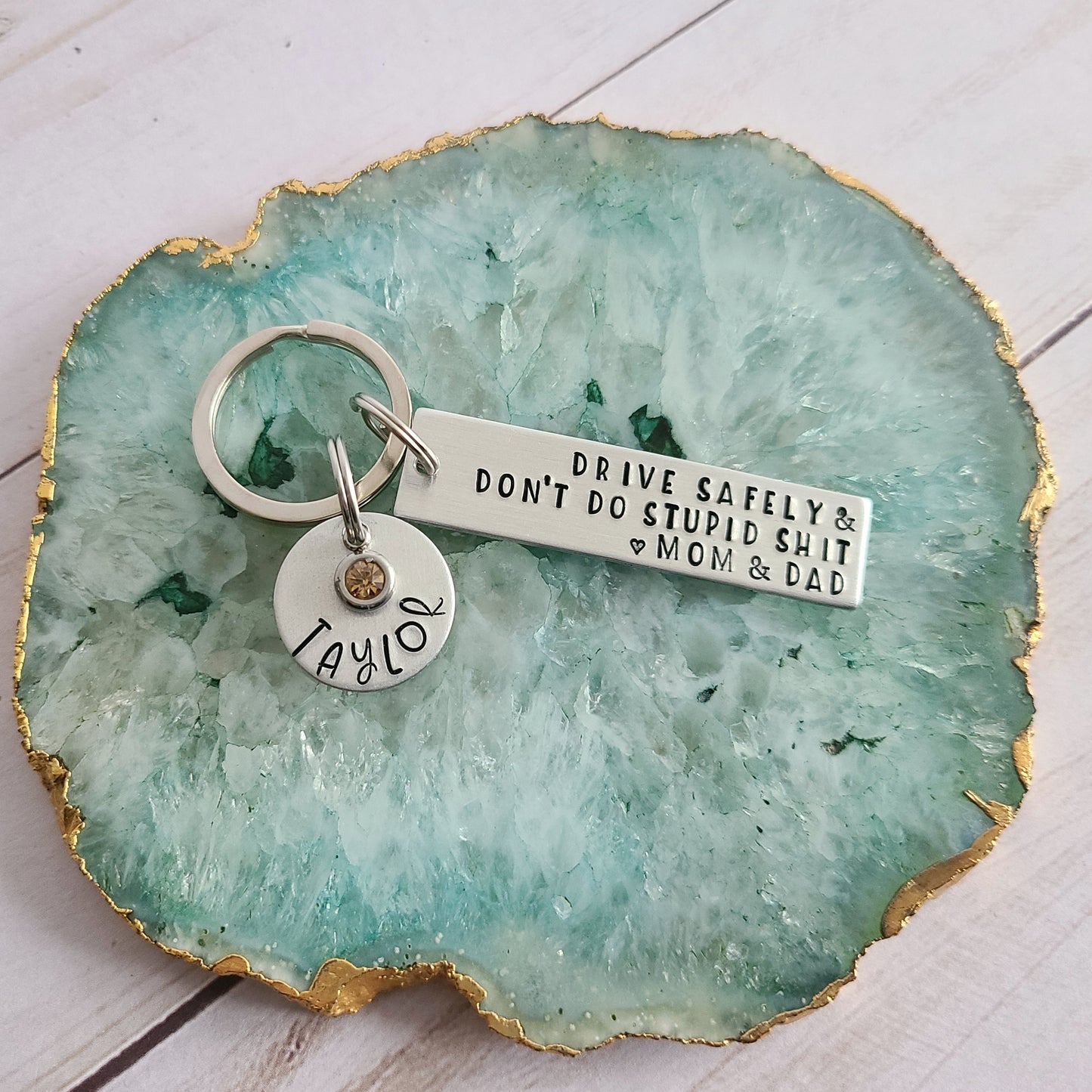 Drive Safely and Don't Do Stupid Shit Love Mom & Dad Keychain, Persona –  Candidly K Handmade