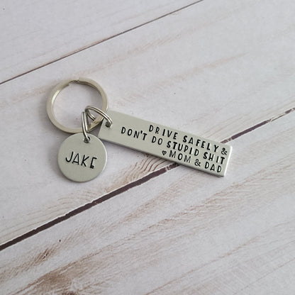 Drive Safely and Don't Do Stupid Shit Love Mom & Dad Keychain, Personalized Key Chain for Teens, Cute Teen Car Accessories