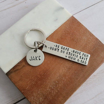 Be Safe Have Fun Don't Do Stupid Shit Love Mom & Dad Keychain, 1st Car Keychain for Teenagers, Cute Car Accessories for Teens, Sweet 16 Birthday Gifts