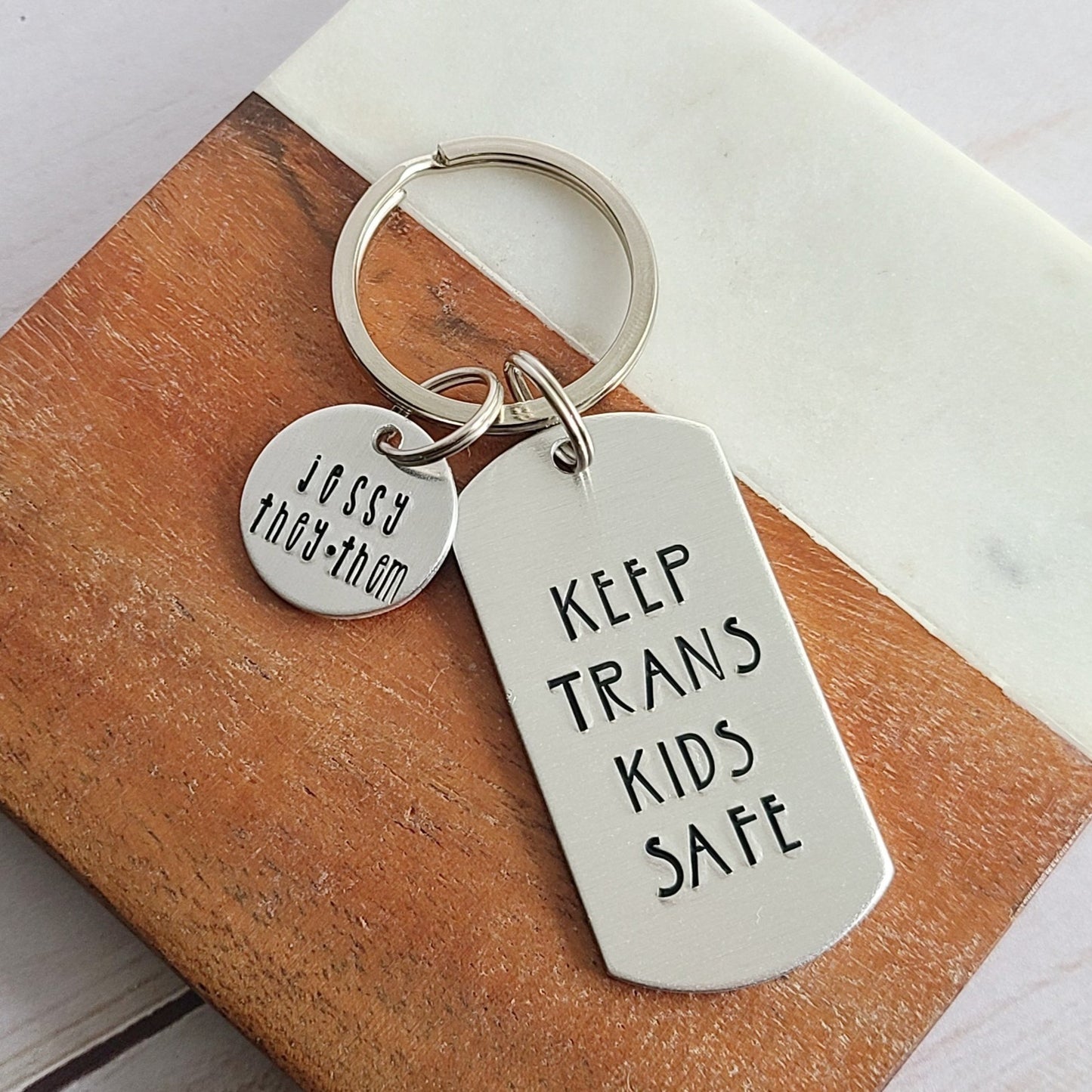 Keep Trans Kids Safe Keychain w/ name pronoun option and wristlet option