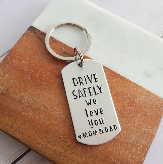 Drive Safely We Love You Cute Keychain for Kids from Parents, Hand Stamped Custom Keychains