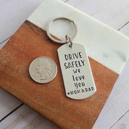 Drive Safely We Love You Cute Keychain for Kids from Parents, Hand Stamped Custom Keychains