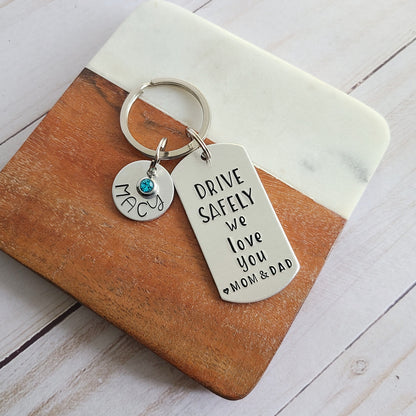 Drive Safely We Love You Cute Keychain for Kids from Parents, Hand Stamped Custom Keychains