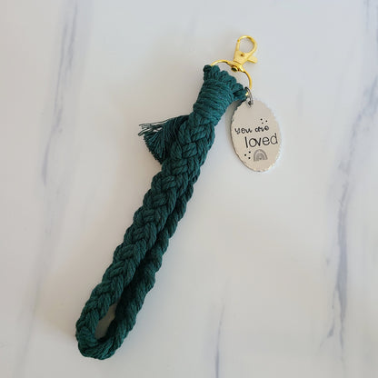 You Are Loved Macrame Wristlet Keychain with Fringe