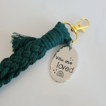 You Are Loved Macrame Wristlet Keychain with Fringe