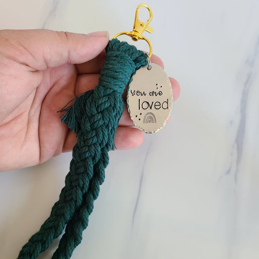 You Are Loved Macrame Wristlet Keychain with Fringe