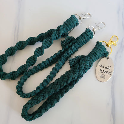 You Are Loved Macrame Wristlet Keychain with Fringe