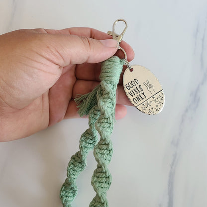 Good Vibes Only Macrame Wristlet Keychain with Fringe