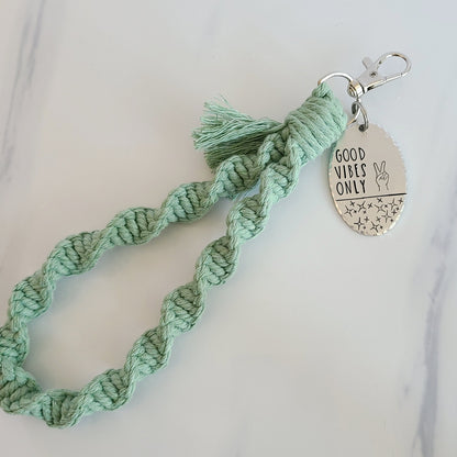 Good Vibes Only Macrame Wristlet Keychain with Fringe