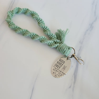 Good Vibes Only Macrame Wristlet Keychain with Fringe