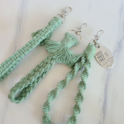 Good Vibes Only Macrame Wristlet Keychain with Fringe