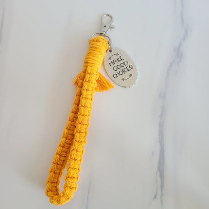 Make Good Choices Macrame Wristlet Keychain with Fringe