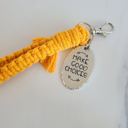 Make Good Choices Macrame Wristlet Keychain with Fringe