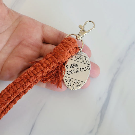 Hello Gorgeous Macrame Wristlet Keychain with Fringe