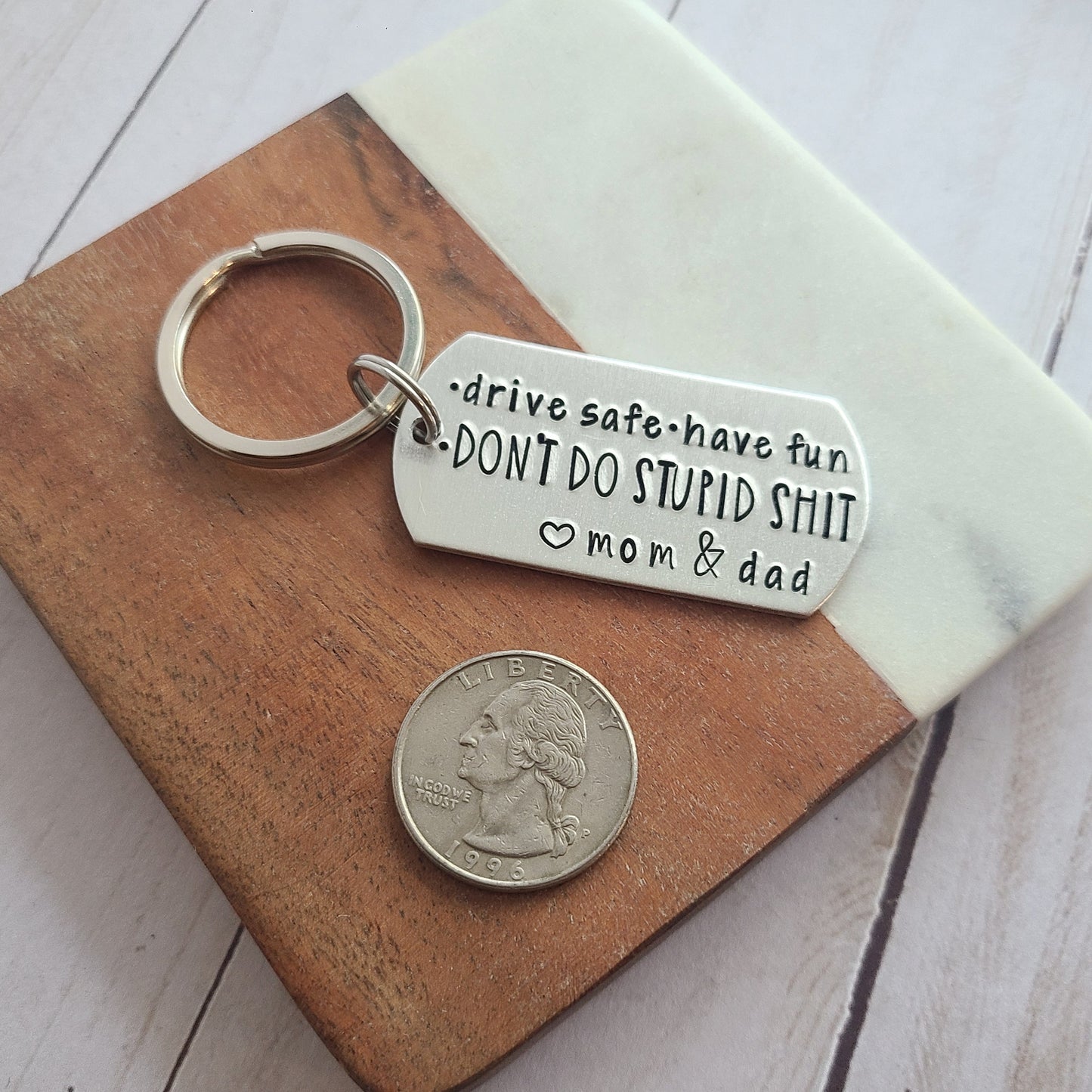 Don't Do Stupid Shit Love Mom, Hand Stamped Metal Keyring