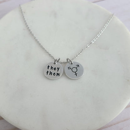 Tiny Disc Pronouns and Gender Symbol Necklace