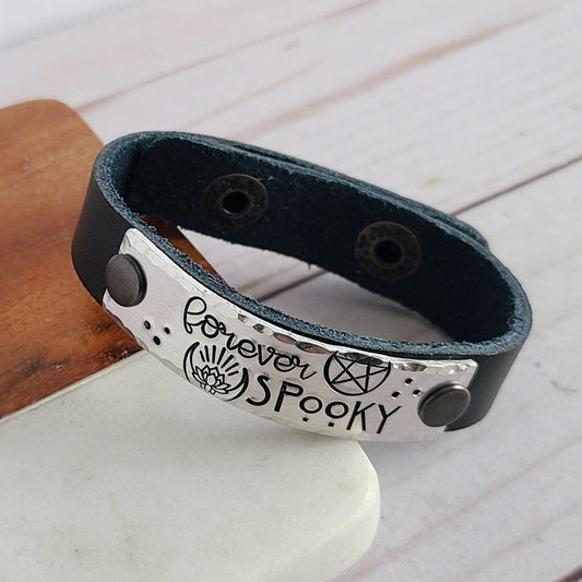 Leather cuff bracelet hand stamped with Forever Spooky