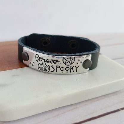 Forever Spooky Leather Cuff Bracelet - Halloween Jewelry Accessories - Choose Your Color Leather