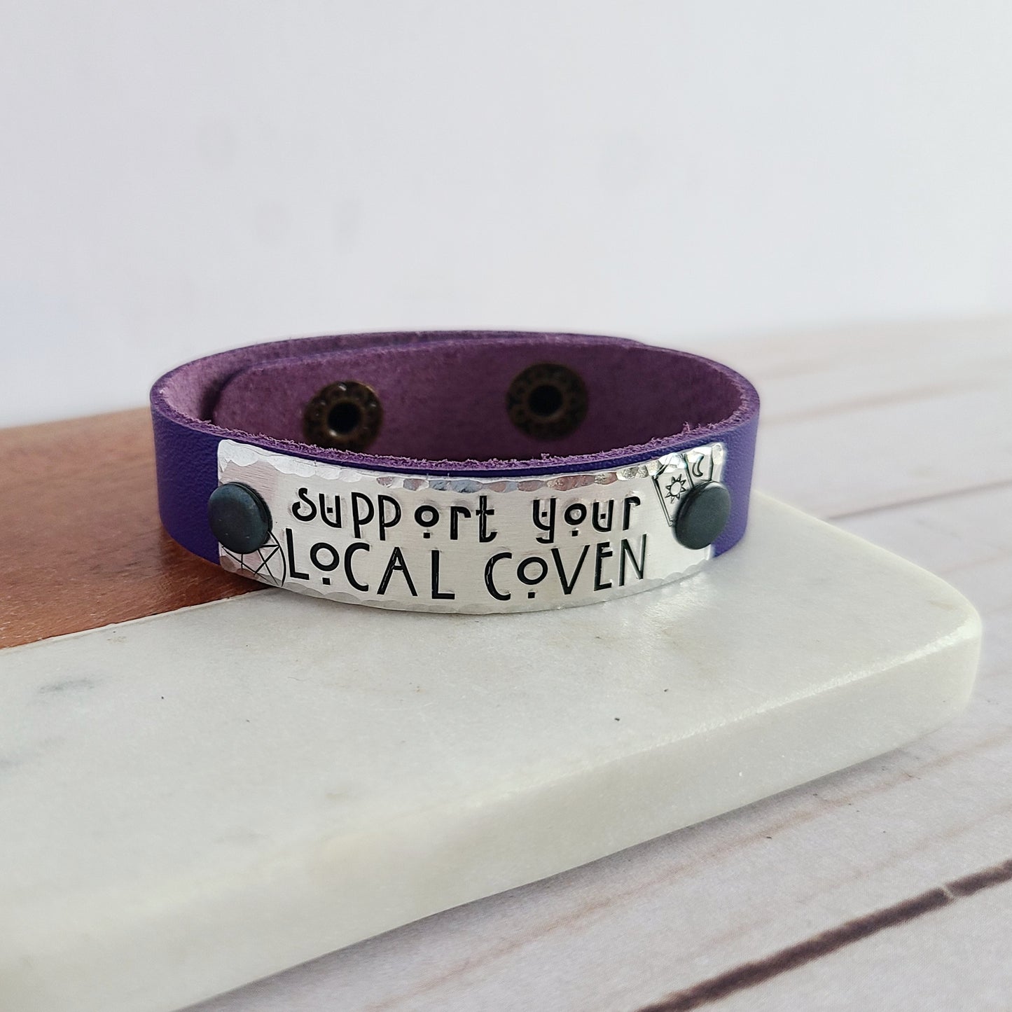 Support Your Local Coven Leather Cuff Bracelet - Witchy Woman Jewelry - Choose Your Color Leather