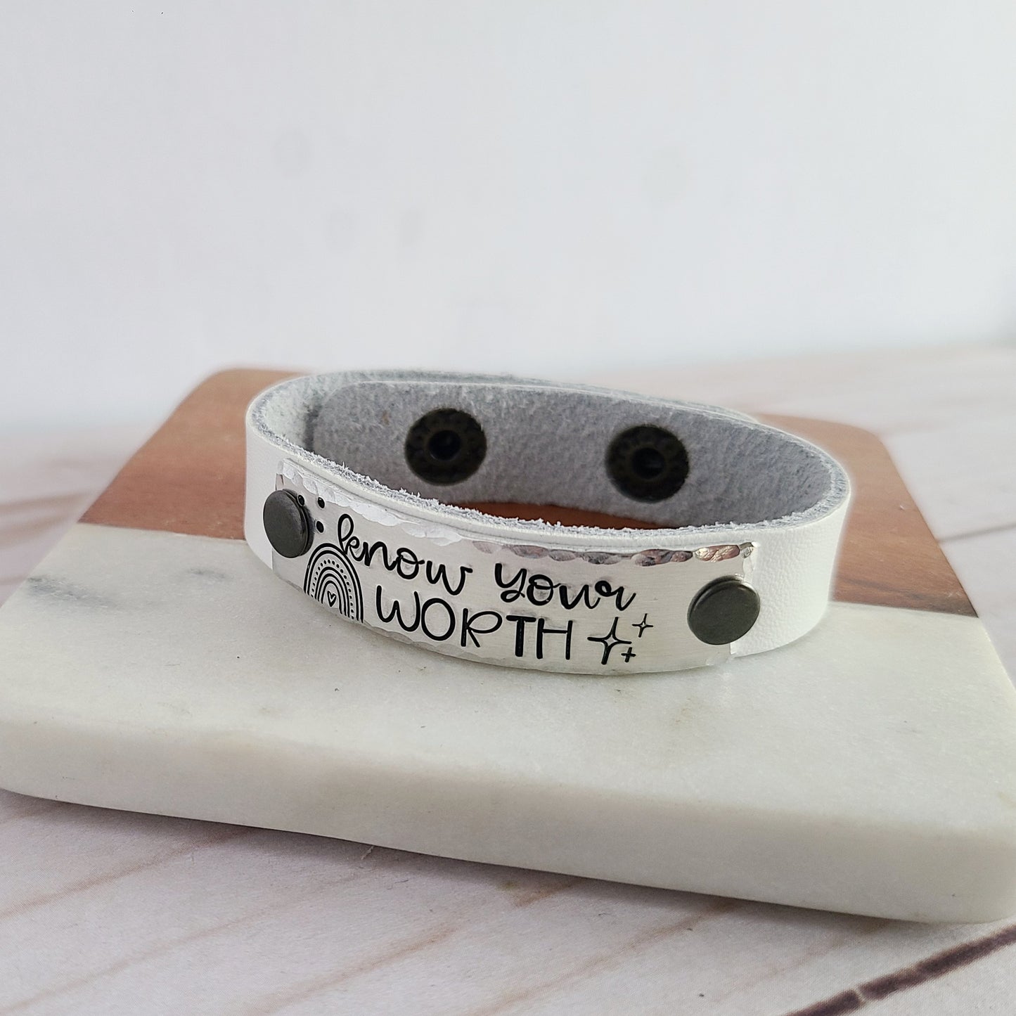 Know Your Worth Leather Cuff Bracelet - Choose Your Color Leather