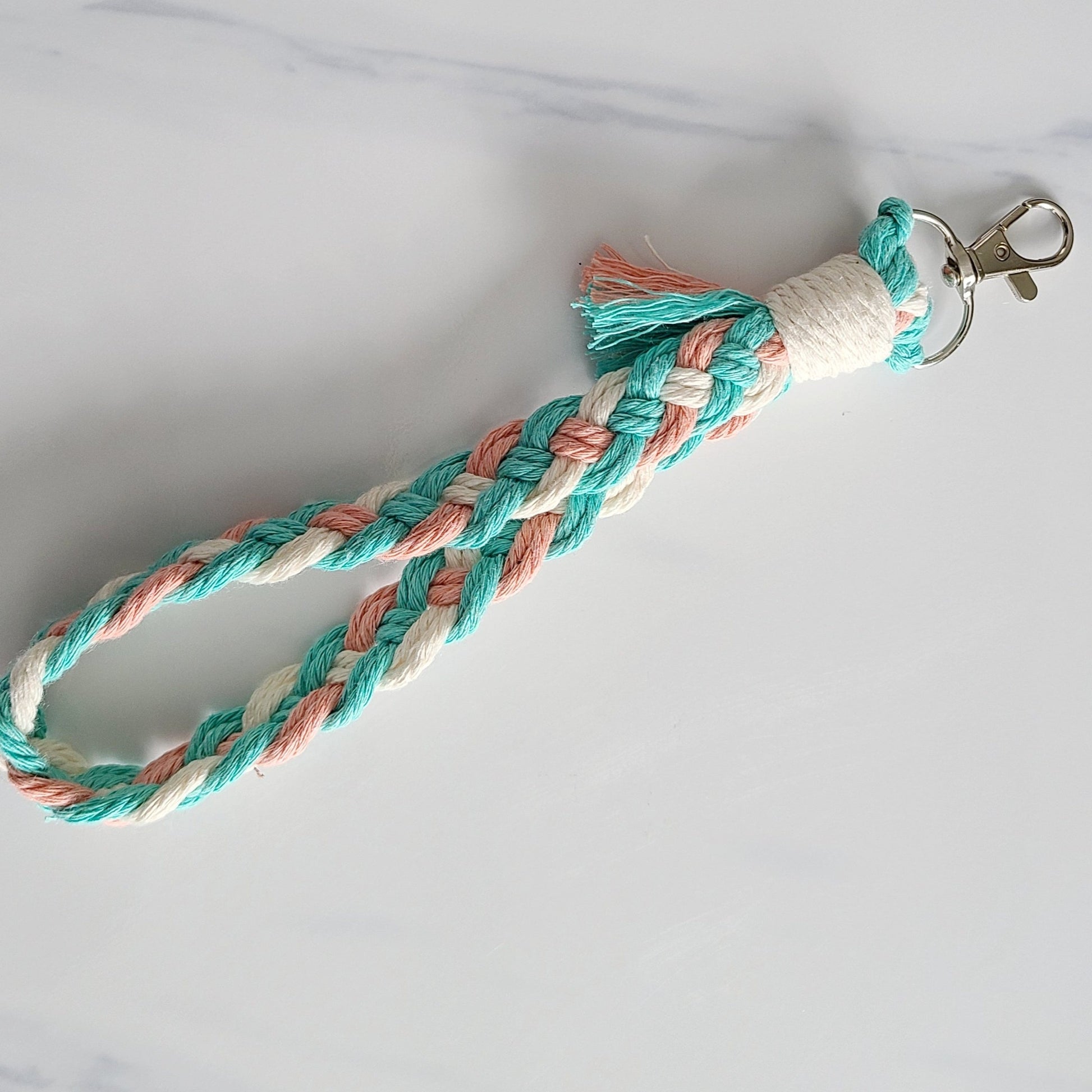 Braided Macrame Wristlet made using the colors from the transgender pride flag