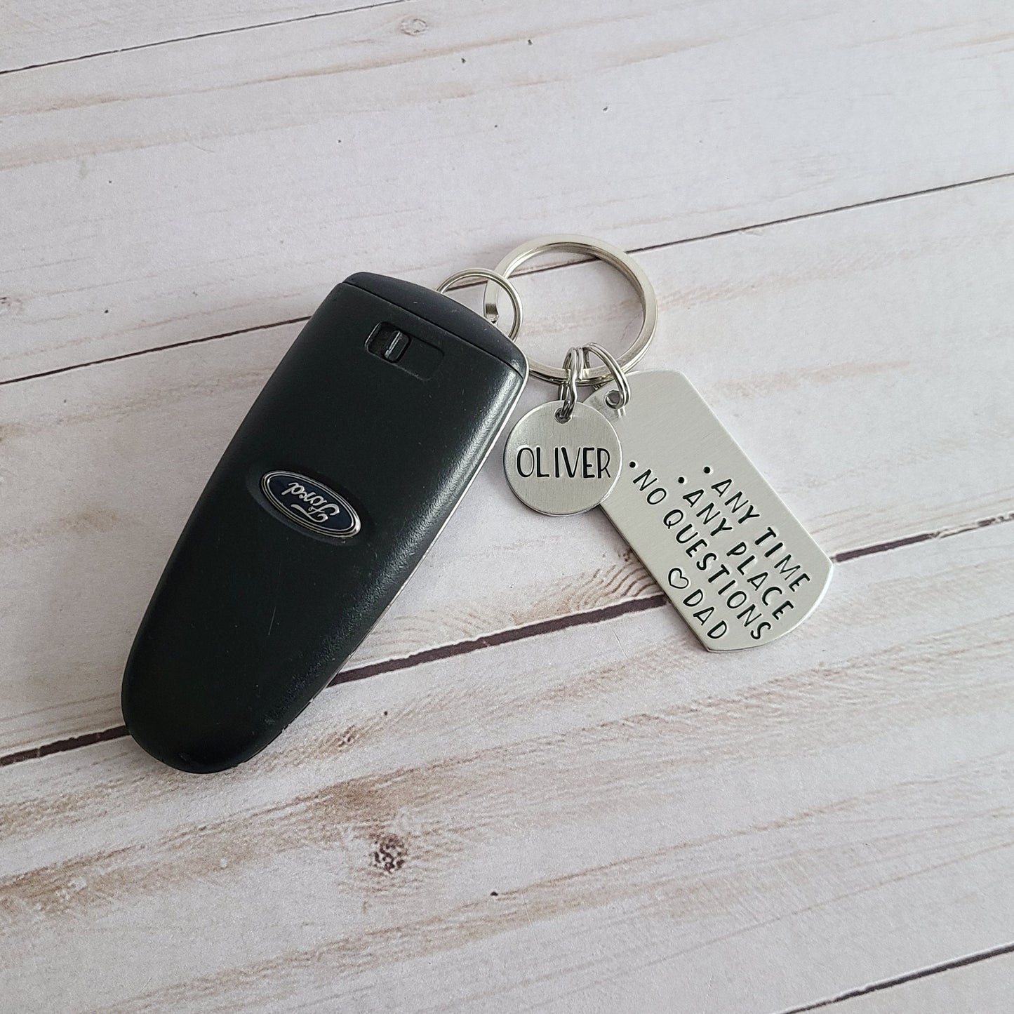 Any Time Any Place No Questions Love Dad Key Chain - Keychains for Teenagers - Gift for New Driver - Cute Personalized Accessories for Teens - Sweet 16 Birthday Gift for Son or Daughter