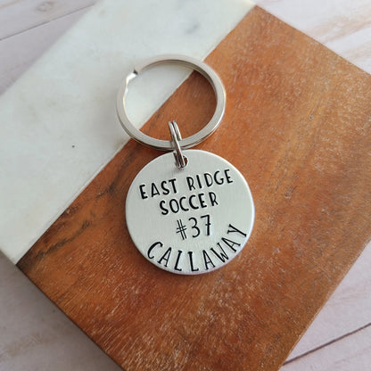 Custom Team Player Keychain, High School Sports Backpack Tag, Custom Sport Keychain With Player Number and Last Name, Choose Your Sport, Custom Soccer Gifts, Hand Stamped Metal Keychain