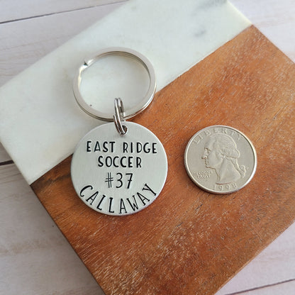 Custom Team Player Keychain, High School Sports Backpack Tag, Custom Sport Keychain With Player Number and Last Name, Choose Your Sport, Custom Soccer Gifts, Hand Stamped Metal Keychain