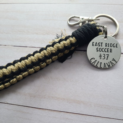 Your Team and Player Custom Tag with Flat Macrame Wristlet, School Colors Wristlet, Team Spirit Custom Keychains, Hand Stamped Metal Sport Keychain