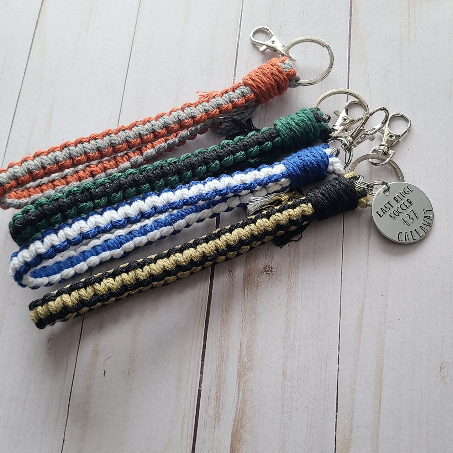 Your Team and Player Custom Tag with Flat Macrame Wristlet, School Colors Wristlet, Team Spirit Custom Keychains, Hand Stamped Metal Sport Keychain