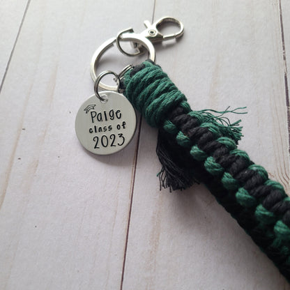 School Colors Macrame Wristlet with Custom Graduation Keychain, Class of 2023 High School Graduate, College Graduation Gift for Her, Cute Grad Keychains