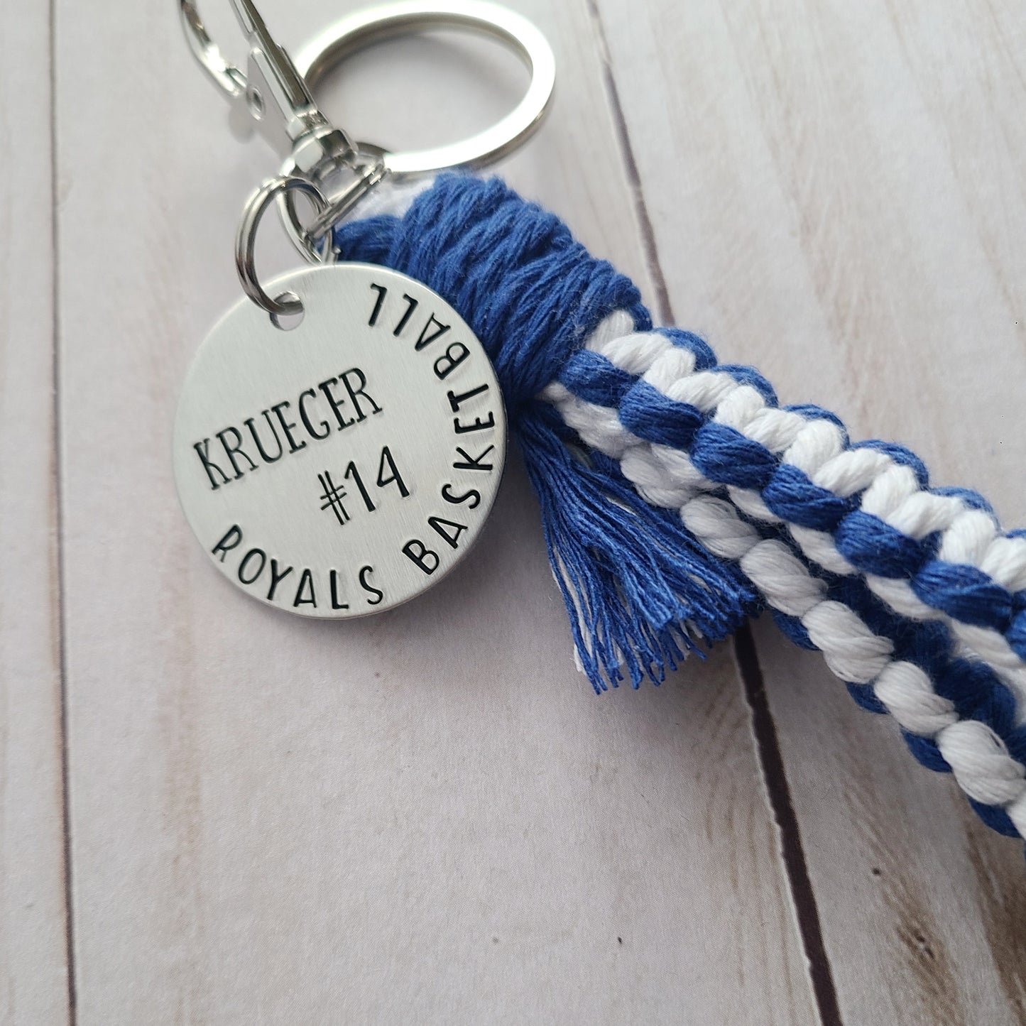 Flat Macrame Wristet With Basketball Player Tag, Customize for Any Sport, Team Colors Wristlet, Hand Stamped Sports Bag Tag