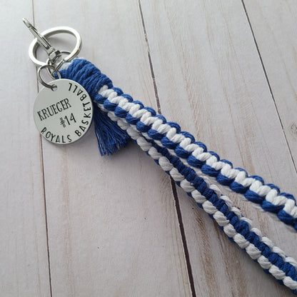 Flat Macrame Wristet With Basketball Player Tag, Customize for Any Sport, Team Colors Wristlet, Hand Stamped Sports Bag Tag