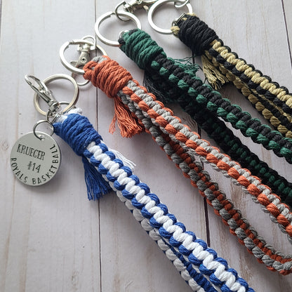 Flat Macrame Wristet With Basketball Player Tag, Customize for Any Sport, Team Colors Wristlet, Hand Stamped Sports Bag Tag