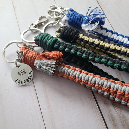Cute Flat Macrame Wristlet with Player Jersey # and Last Name, Custom Sports Tags for Bags, Cute Players Keychains, Gift for High School Sports, Senior Night Banquet
