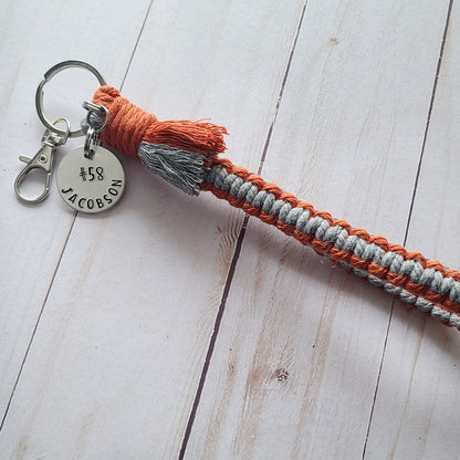 Cute Flat Macrame Wristlet with Player Jersey # and Last Name, Custom Sports Tags for Bags, Cute Players Keychains, Gift for High School Sports, Senior Night Banquet