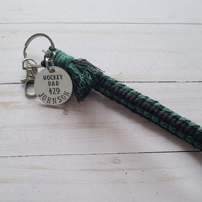 Custom Hockey Mom Flat Macrame Wristlet, Hockey Dad Keychain, Custom Sport Keychain With Player Number and Last Name, Choose Your Sport, Custom Basketball Keychain, Hand Stamped Metal Keychain