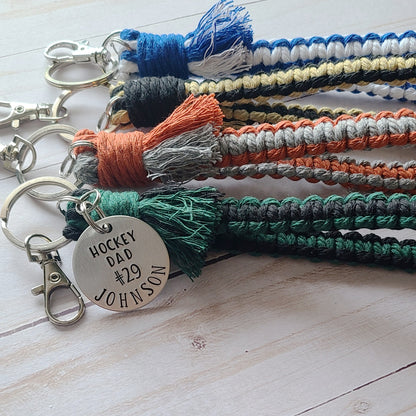 Custom Hockey Mom Flat Macrame Wristlet, Hockey Dad Keychain, Custom Sport Keychain With Player Number and Last Name, Choose Your Sport, Custom Basketball Keychain, Hand Stamped Metal Keychain