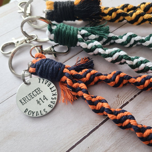 Team Colors Spiral Macrame Wristlet with Custom Metal Sports Tag, Jersey Number and Last Name Sports Gifts