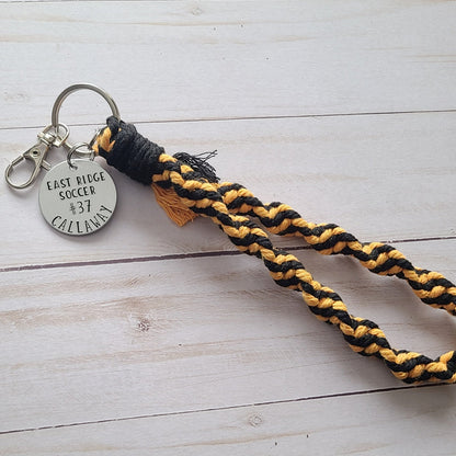 Custom Spiral Macrame Wristlet with Hand Stamped Custom Sports Tag, Jersey Number and Last Name Sports Gifts,