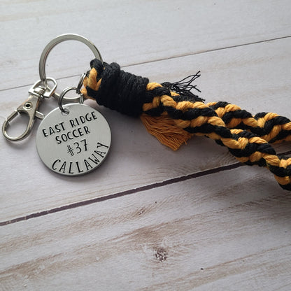 Custom Spiral Macrame Wristlet with Hand Stamped Custom Sports Tag, Jersey Number and Last Name Sports Gifts,