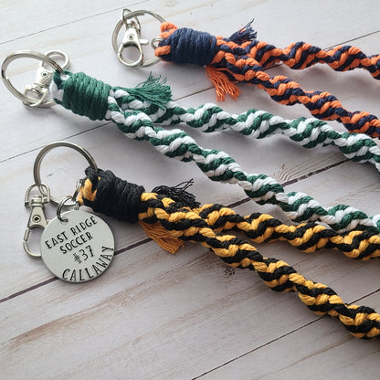 Custom Spiral Macrame Wristlet with Hand Stamped Custom Sports Tag, Jersey Number and Last Name Sports Gifts,