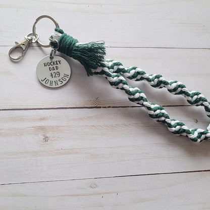 Sports Mom Custom Colors Macrame Wristlet, Hand Stamped Custom Sports Mom Keychain, Jersey Number and Last Name Sports Gifts
