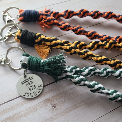 Sports Mom Custom Colors Macrame Wristlet, Hand Stamped Custom Sports Mom Keychain, Jersey Number and Last Name Sports Gifts
